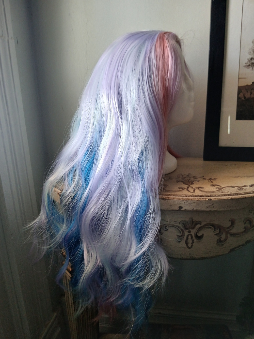 Long Pastel Lavender Wig with Pink and Blue Highlights - Women's Wavy Style